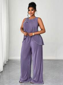 Maweii 2pcs Plus Size Solid Color Sleeveless Top And Full Length Pants Set, Fashionable For Summer - Purple - View 6