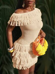 Slaydiva 全新夏季度假休闲百搭百搭休闲邮轮旅行海滩日光浴露肩流苏纹理面料下摆流苏女式迷你连衣裙