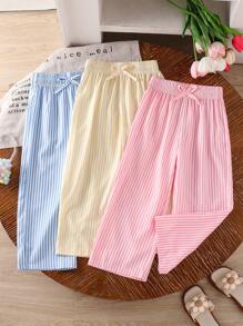 Sparklyn 3件套少女简约条纹宽松直筒休闲裤，适合4-7岁，夏季/春秋季 - 彩色 - 查看 1