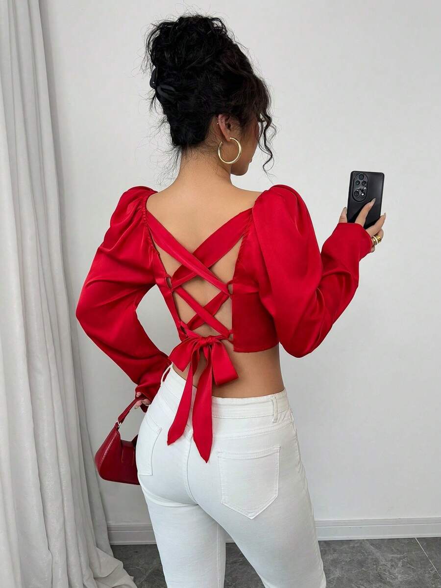 Elenzga Áo cánh satin ngắn tay bồng cổ vuông thắt eo thanh lịch thời trang cho nữ ngày lễ tình nhân - Đỏ - Xem 1