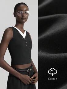 Ontre 2025 Spring & Summer Women's Sleeveless Solid Color Minimalist Fashion Suit For Business, Casual, Daily Commute, Black Color Cropped Top, Stitching Top Tank Top, Black And White Stitching Top - Black and White - View 3