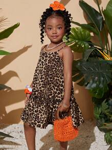 SHEIN Vestido de tirantes estampado de leopardo tejido para niña joven - Caqui - Ver 7