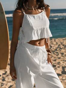 Easelle 2 pezzi/Set Donna Canotta senza schienale annodata e pantaloni lunghi tinta unita, Outfit casual vacanza Ibiza