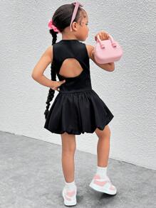 SHEIN Young Girl Solid Color Woven Patchwork Peplum Dress - Black - View 1