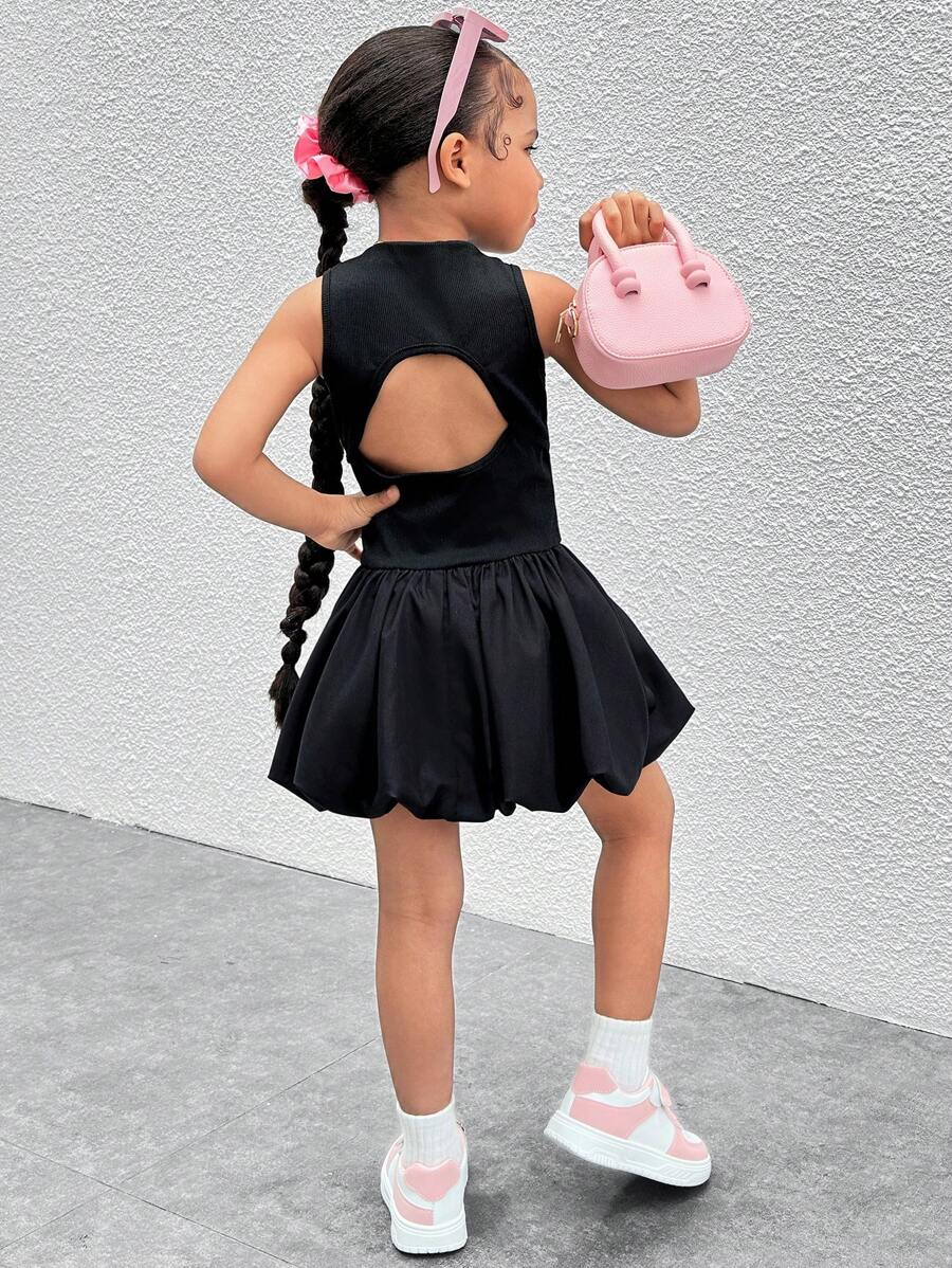 SHEIN Young Girl Solid Color Woven Patchwork Peplum Dress - Black - View 1
