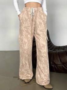 DAZY بنطلون كارجو للسيدات بخصر مطاطي وسحاب، ذي طبعة نمر وأسورة للكاحل