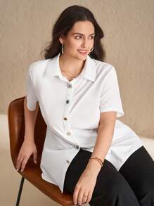 SHEIN Clasi 大码女式优雅金属纽扣装饰衬衫，女式夏季，女士夏季，七月四日女士，毕业，女士 Polo 衫，七月四日，夏季，商务休闲