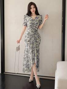 Modelyn Đầm midi thanh lịch, cổ chữ V buộc eo, chất liệu chiffon họa tiết hoa nhỏ xinh cho nữ - trắng - Xem 6