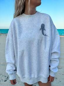SHEIN EZwear Sudadera holgada de manga larga con cuello redondo, estampado gráfico de tiburón, para vacaciones de estilo informal y sencillo para mujeres