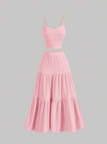 Conjunto de 2 piezas para niñas preadolescentes que incluye top sin mangas y falda larga midi, minimalista y elegante