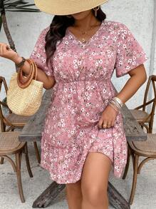 SHEIN VCAY Đầm Maxi Cổ Chữ V In Hoa Tay Ngắn Đơn Giản Cho Nữ Size Lớn - Bụi hồng - Xem 5