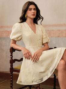 Anewsta Elegant Heavy Lace Floral Peplum Waist Short Dress, Boho Style, Spring/Summer - Apricot - View 6