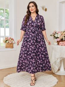 Modelyn Vestido Longo Elegante de Estampa Floral Plus Size Feminino - Roxo - Visão 4