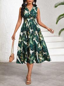 SHEIN Lady Đầm dài vừa phải thanh lịch không tay cổ chữ V in họa tiết cây nhiệt đới dành cho nữ mùa hè - màu xanh lá - Xem 3