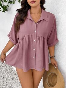 SHEIN Frenchy Women Plus Size Front Open Design Textured Fabric Comfortable Casual Short Sleeve Blouse, Suitable For Spring/Summer Women Spring Tops Summer Women Tops Elegant Women Dresses - Dusty Pink - View 1