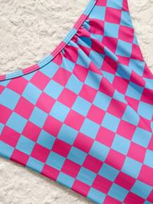 SHEIN Swim Women Checkerboard Print One Shoulder Bikini Swimsuit Set (Random Print) For Summer Beach Vacation - Multicolor - View 4