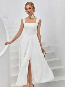 CLARA VERO Vestido largo de mujer de unicolor, tejido, para primavera y verano, vacaciones y días festivos, vestido camisa con tirantes, escote en V bajo, falda con abertura lateral y volumen