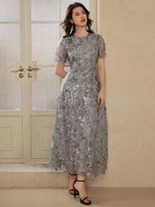 DAZY 女士长款蕾丝装饰度假连衣裙、夏季毕业礼服、婚礼宾客礼服、女士生日休闲连衣裙、女士短款连衣裙、夏季工作连衣裙、夏季加大码连衣裙、亮片连衣裙 - 銀色 - 查看 3