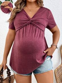 SHEIN Solid Color Maternity Short Sleeve T-Shirt With Front Twist Decor, Casual