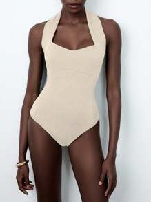 Lumivelle Women Solid Color Elastic Halter Backless Slim Bodysuits - Apricot - View 4