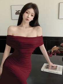 Modelyn Women's Off Shoulder Gathered Waist Ruffle Hem Elegant Long Dress, Suitable For Wedding, Date Occasions