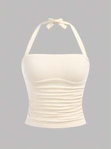 Girlism Teen Girls' Versatile, Casual, Basic Vacation Halter Neck Crisscross Ribbed Bodycon Crop Top, Spring & Summer