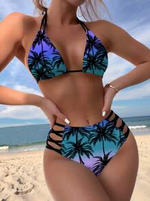 Swim Vcay Conjunto de bikini sexy con escote de atar y estampado de palmeras para mujeres (patrón impreso al azar) - Multicolor - Ver 1