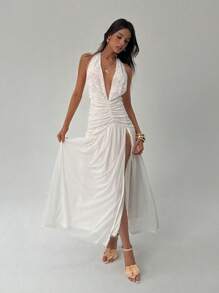 Aloruh 女式优雅蕾丝吊带露背高开叉连衣裙 - 白色 - 查看 5