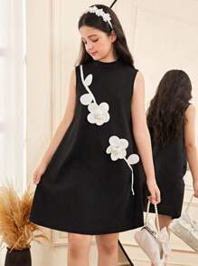 SHEIN Vestido sólido de punto con decoración de flores 3D, corte en bloque de color holgado y volantes, diseño de cuello alto entallado, elegante y casual, para niñas preadolescentes