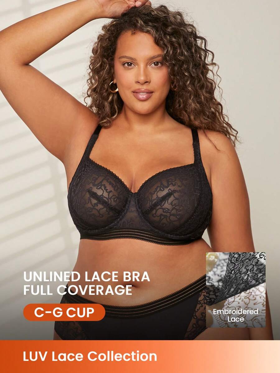 LUVLETTE Plus Sexy Lingerie Lounge Curve Sheer Full Coverage Unlined Lace Elegance Chic & Cozy Minimizer Black Bra