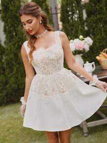 Savoree 春夏新款法式优雅派对/约会连衣裙，修腰 A 字短款白色连衣裙，3D 花卉设计