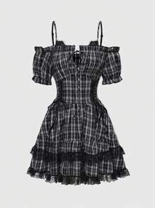 ROMWE Goth Women's Casual Plaid Open Shoulder Strap Mini Dress For Summer
