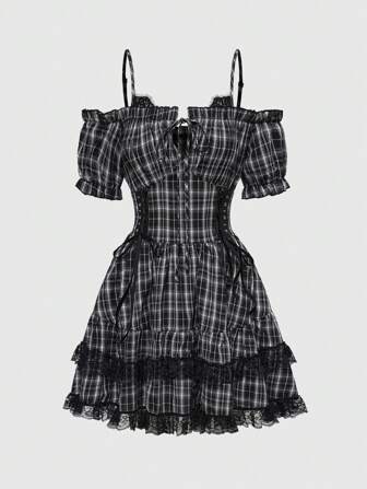 Goth Abito mini casual estivo da donna con spalle scoperte e cinturino a quadri