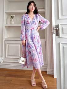 DAZY Đầm dài tay dài, kiểu dáng maxi, họa tiết hoa, hàng mới về mùa thu dành cho nữ. - Màu xanh lam - Xem 2