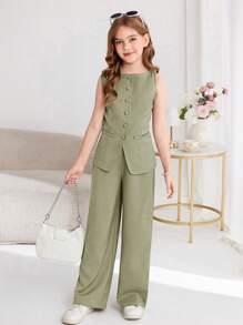 SHEIN Serisse Kids طقم ملابس علوية كاجوال أكمام بدون أكوام، وبنطال واسع الساق من لون الأنسجة موحد اللون للفتيات المراهقات - اخضر زيتون - مشاهدة 4