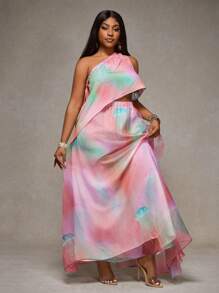 Slaydiva 2-Piece Set: Music Festival Elegant Gradient Print Organza Maxi Skirt & Asymmetric Hem Sleeveless Top, For Women Plus Size, Spring/Summer 2025 - Multicolor - View 3