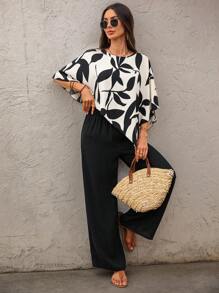 EMERY ROSE 女士两件套日常服装夏季套装两件套夏季套装两件套女士套装女士教师装女士上衣和裤子套装女士两件套裤子套装裤套装夏季套装 - 黑色 - 查看 7