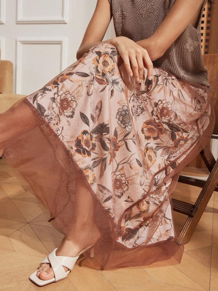 Ditsy Floral All Over Print Mesh Patchwork Vacation Beach Casual Skirt For Women Business Casual Women