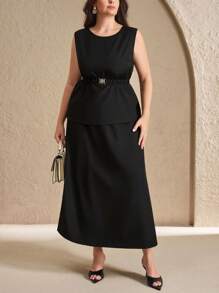 SHEIN Clasi Plus Size Women 2 Pieces Set,Black Elegant Sleeveless Collared Shirt & Long Midi Skirt,Summer Formal Evening Clothes For Office,Commute & Festival - Black - View 1