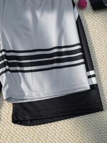 SHEIN 2 件男童黑白条纹印花轻质网眼面料短裤，夏季 - 黑色 - 查看 4