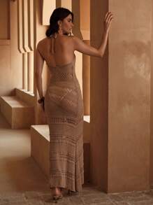 MOTF PREMIUM POINTELLE KNIT HALTER COVER UP DRESS FOR SUMMER BEACH VACATION - Khaki - View 3