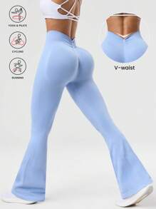 Seamluxe SHEIN Sport 女士 V 腰合身喇叭腿运动紧身裤 - 淺藍色 - 查看 1