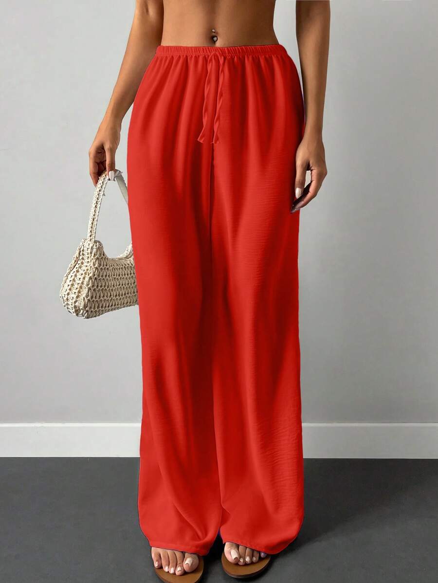EURMUSE Solid Elastic Waist Wide Leg Trousers - Orange - View 1