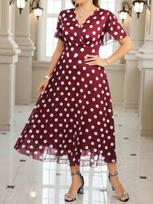 SHEIN Clasi Đầm lưới chấm bi trắng nền đỏ cạp cao cỡ lớn cho nữ, trang phục lãng mạn thanh lịch cho mùa xuân - Màu Đỏ Sâu - Xem 4