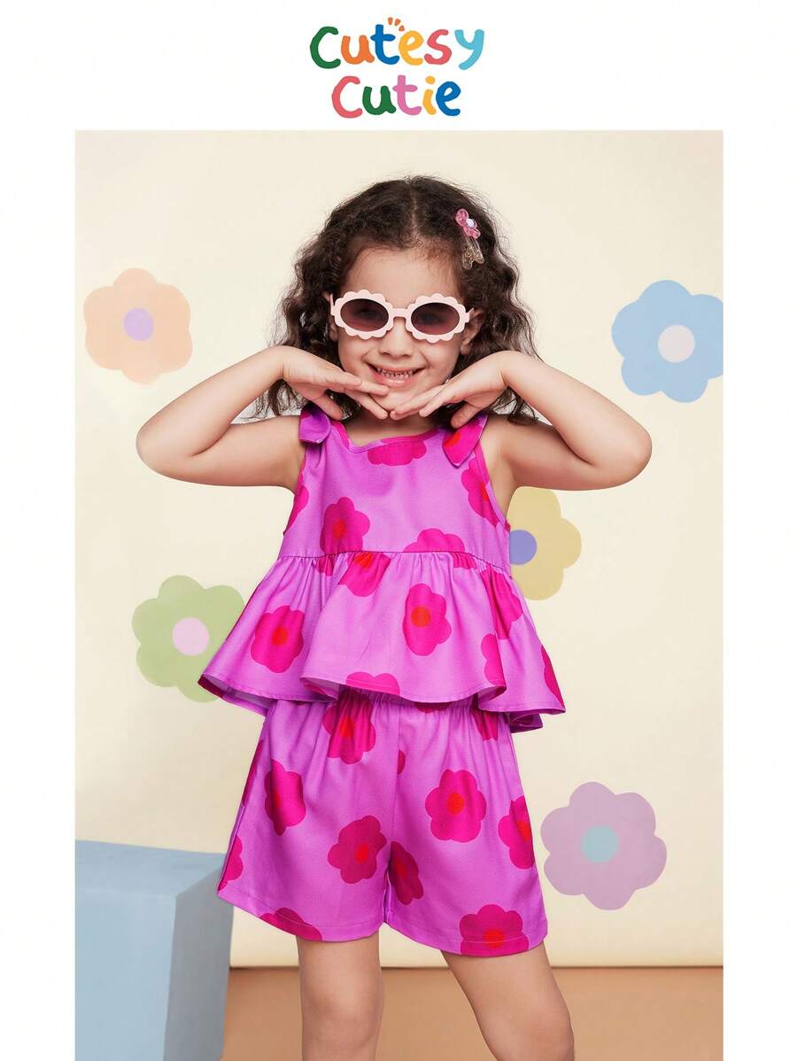 CutesyCutie 2pcs Young Girl Ditsy Floral Woven Top And Shorts Set - Multicolor - View 1