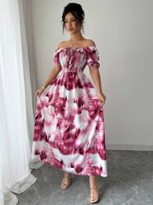 Modelyn Women's Cinched Waist Floral Print Ruffle Hem A-Line Dress - Red - View 4