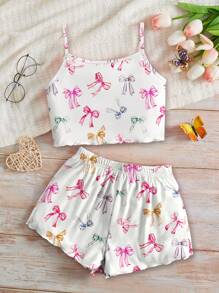 SHEIN Leap Crew Tween Girls Casual Bow Design Fitted Cami Top And Shorts Set, Suitable For Summer - Multicolor - View 4