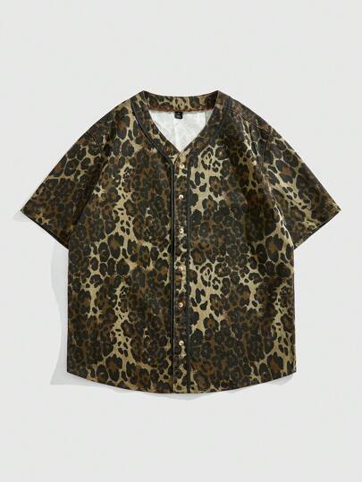 Street Life Camicia di jeans a stampa leopardata monopetto con maniche corte da uomo