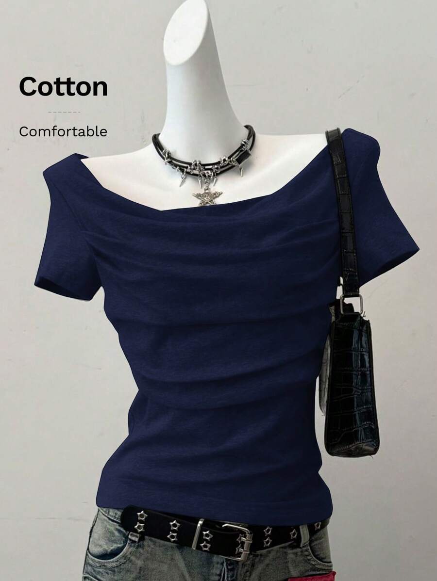 SHEIN EZwear Top court à manches courtes ajusté en tricot pour femmes, bleu marine