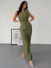 Firerie 情人节新款优雅简约通勤白色连体裤，3D结构褶皱设计，无袖收腰，修身版型 - 軍綠色 - 查看 4